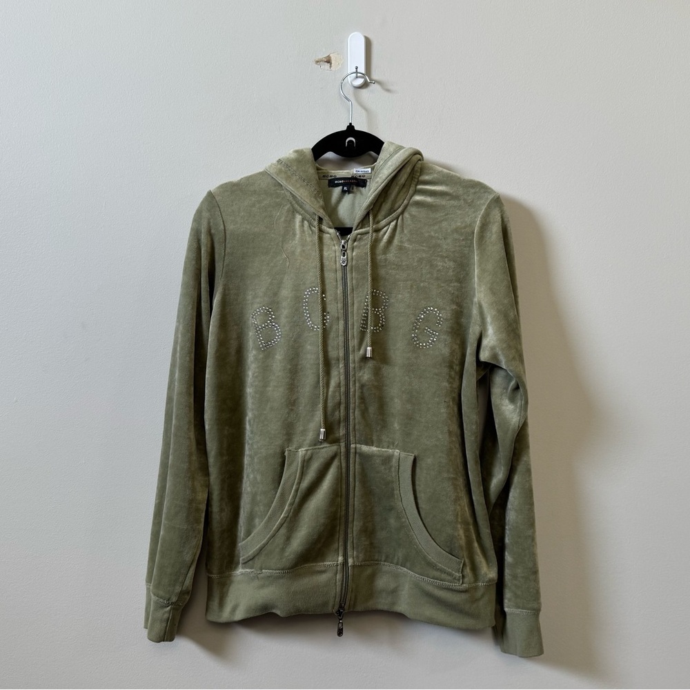 BCBGMAXAZRIA Y2K green zip up velour rhinestoned logo hoodie
